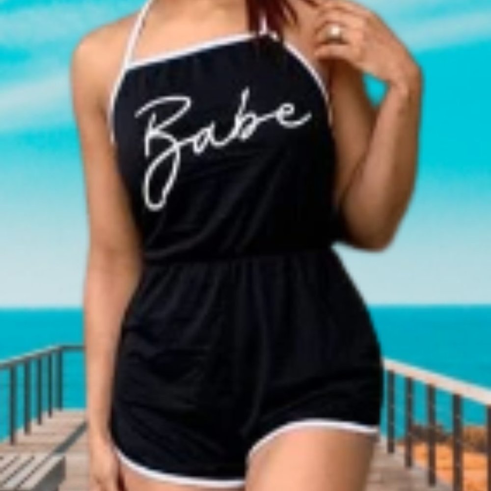 🆕Babe Graphic Halter Tie Romper. Navy Blue & White Trim. Sizes M, L, XL - Picture 5 of 9